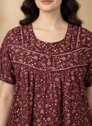 Image of Bahumaan Cotton Nighty for Women Full Length Stylish | Floral Print Pure Cotton Maxi Dress for Women with Pocket | Sleepwear Gown for Women