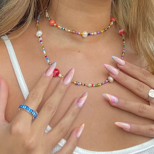 Qingge French Tip Press On Nails Short Glossy Rainbow Fake Nails Stiletto False Nails Colorful Stick On Nails With Glue Nude Summer Acrylic Nails For Women 24Pcs #TOP5