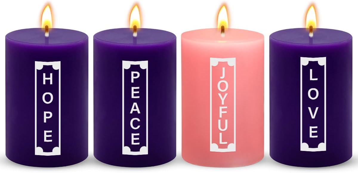2×3 Inch Advent Pillar Candles with Words, 3 Purple and 1 Pink Seasonal Celebration Candles for Advent Wreath and Christmas Decorations, Long-Lasting Slow-Burning Dripless Candle