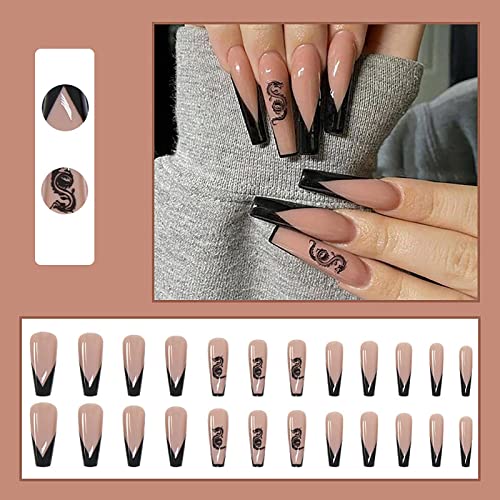 24 Pcs Glossy Press on Nails, Luvehandicraft Long Coffin Fake Nails, Glue on Nails Coffin, False Nails with Glue for Women and Girls (Nude Black French), 28 Piece Set - Thumbnail 2