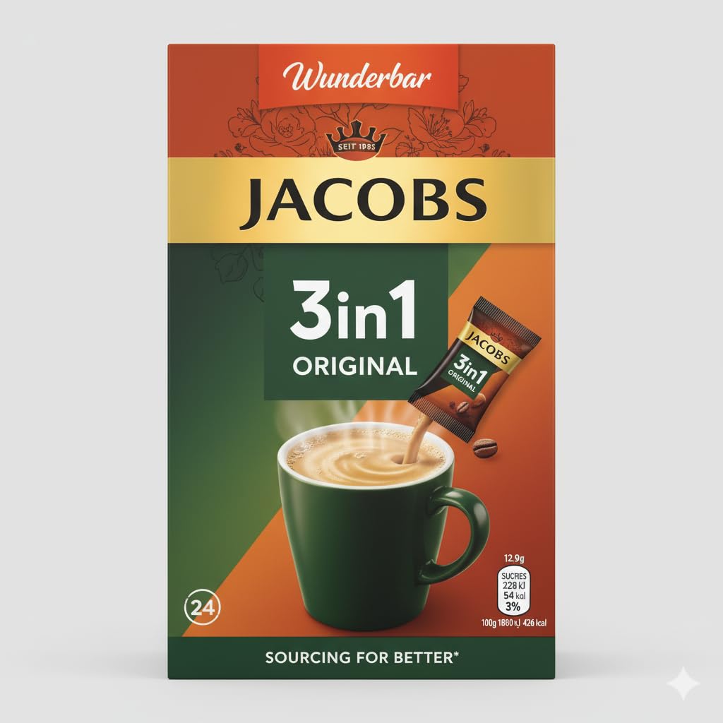 Jacobs 3-w-1 Saszetki z kawą instant – 6 opakowań po 6 x 24 saszetki, 302,4 g – Łącznie 144 saszetki.