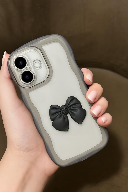 Image of ZR015 for iPhone 16 Plus Back Case Cover | Wave Edge Bow Slim Fit | Camera Protection | Shockproof TPU Case - Black