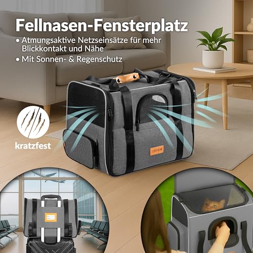 CADOCA® Transportbox Katzen bis 20kg faltbar Sonnen- und Regendach Schultergurt mit Napf Atmungsaktiv Komfortabel Wendekissen Haustier Katzenbox Tragetasche Hunde Auto Grau