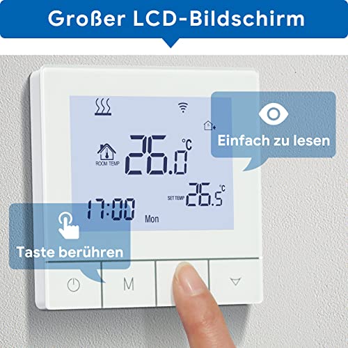 Thermostat Fussbodenheizung Wasser, Beok Thermostat WiFi Smart Raumthermostat Fußbodenheizung Programmierbar Wandthermostat Thermostat Heizung Digital 230v Kompatibel Alexa, 3A TDS75WIFI-WP Weiß