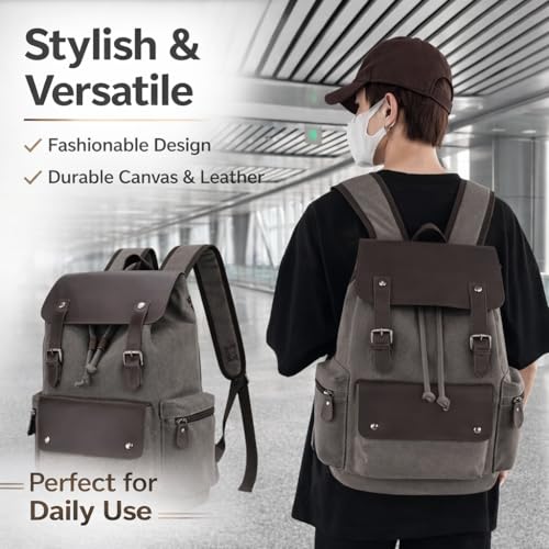 Image of CAVALO - Be Unique Canvas Backpack for Men & Women | 14 Inch Laptop Backpack | Lightweight Travel College Office Bag with PU Leather Flap & Magnetic Closure