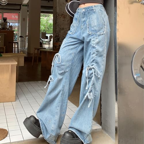 Y2K Gothic Kawaii Casual Style High Waisted Loose Wide Legs Vintage Distressed Jeans Drawstring Denim Pants2
