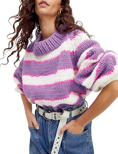 Image of Yeokou Women Stripe Pullover Sweater Turtleneck Ribbed Knit Top Casual Fall Winter Chunky Knitwear