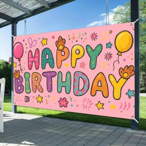 Image of HOMETITUTE Pink Cartoon Happy Birthday Banner Balloons Stars Flowers Streamers Confetti Party Decorations with Cute Cartoon Letters Birthday Banner Party Indoor and Outdoor Backdrop 71x43 Inch