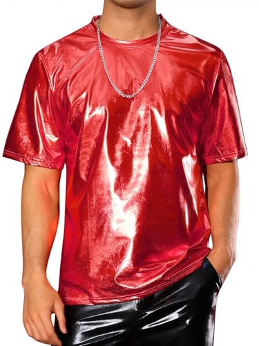 Metallic Shirts for Men's Short Sleeves Shiny T-Shirts Party Disco Holographic Tee