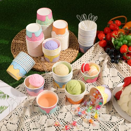 Image of Boao 100 Set 5 oz Ice Cream Cups with Spoons Disposable Paper Sundae Dessert Bowls Summer Party Supplies (Confetti Style)