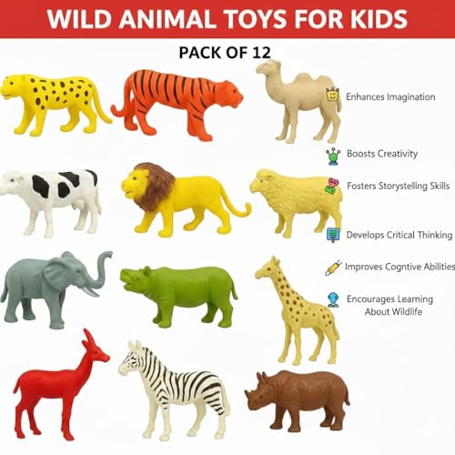 Image of 12 Pcs Small Size Unbreakable Wild Animals Toy Set for Kids | Jungle Safari + Domestic Farm Animal Figures | Educational Learning Playset for Boys & Girls Age 3+ | Animal Figurines for Kids Gift