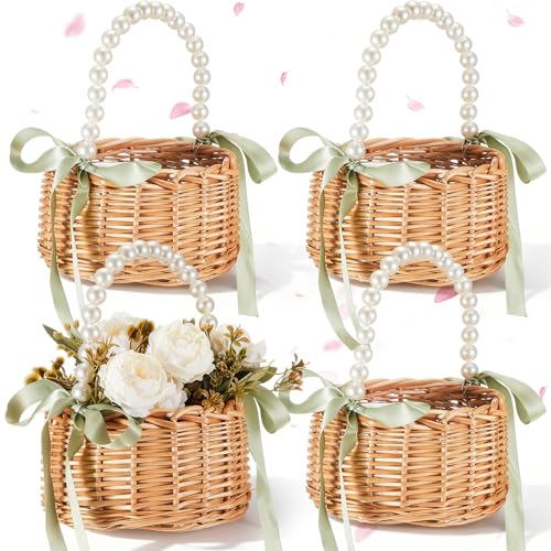 Thyle 4 Pcs Flower Girl Baskets with Handle 7.87 x 4.33 Inch Wicker Rattan Lightweight Brown Rustic Flower Girl Baskets for Wedding Ceremony Bridal Shower and Home Decoration(Green Ribbon Pearls)