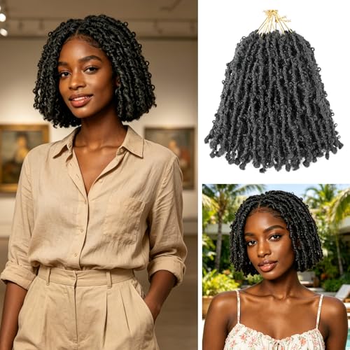GUOHUI Super Light Butterfly Locs Crochet Hair 8 Inch 6 Packs Pre-Looped Soft Distressed Faux Locs Braids for Women Kids (8 Inch 1B#)