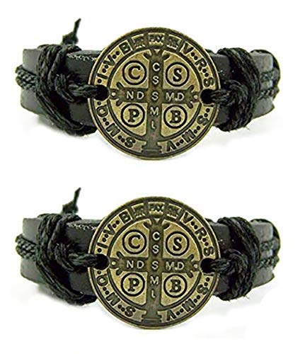 CB Bronze Tone Saint Benedict Medal on Black Leather Bracelet, 7 3/4 Inch, Pack of 2