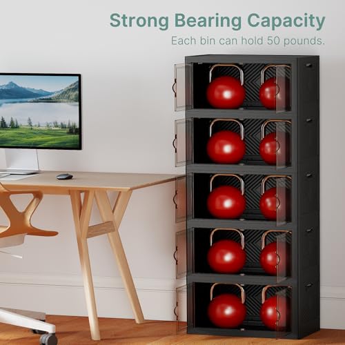 Image of UAMFURI 240QT Lockable Plastic Storage Bins, 5 Pack Collapsible Cabinets | Stackable Organizer with Doors & Wheels, Foldable Containers for Bedroom, Dorm, Office & Garage Storage