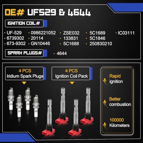 Image of UF529 Ignition Coil & 4644 Double Iridium Spark Plug For VW Tiguan Jetta | Passat Golf GTI Beetle CC Eos, Audi Q5 A3 A4 allroad Quattro A5 TT Replaces# 06E905115 GN10446 C1631