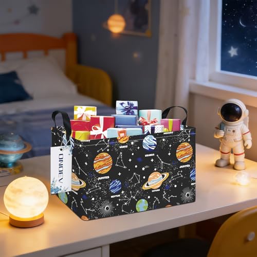 Image of Rectangular Planet Laundry Storage Bin for Adults and Kids | Damp resistant canvas fabric, sturdy stitched carry handles, foldable design organizes closet and playroom daily supplies