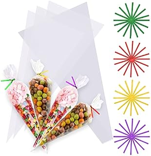 Cellophane Cone Bags 14.15x7.05 inches 80 Pcs Sweets Transparent Clear Triangle Bags with about 130 Pcs Colorful Twist Ties for Snacks Popcorn Chocolates Candy Christmas Party (36*18cm)