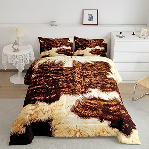 Juego de ropa de cama de vaca de 135 x 200 cm, juego de funda de edredón para adultos y mujeres, hombres, piel de vaca, funda de edredón Western Granja salvaje, edredón de plumas marrón y blanco