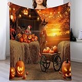 Herbst Decke, gemütliche Ländliche Szene Kürbis Halloween Decken für Couch Bett, Weiche Überwurfdecke WarmeWagen Decke,200 x 200cm