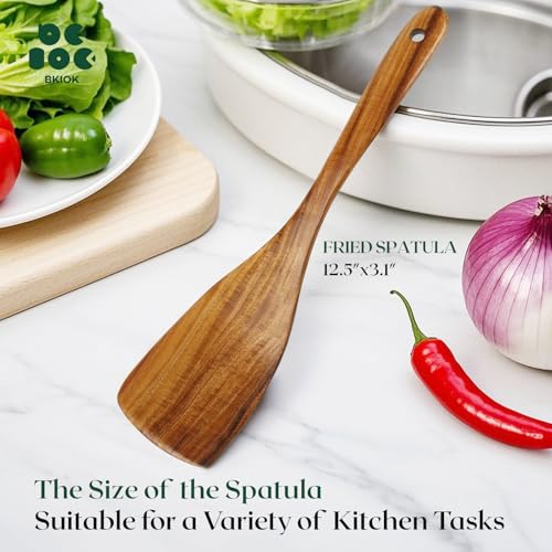 Bkiok Wooden Spatula for Cooking, Handmade Wooden Spoon Flat Frying Turner, Teak Wood Kitchen Utensil Non-Stick Cooking Spurtle for Kitchen Use — view 3