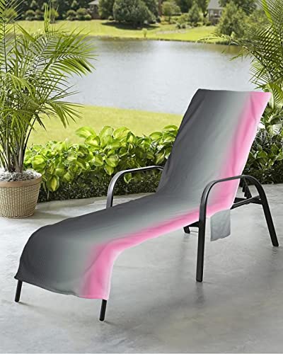 Grey Pink Beach Chair Towel Covers for Chaise Lounge with Side Pocket, Soft Plush Pool Towels Cover for Patio Sunbathing Outdoor 29''x85'' Gradient Geometric Stripes Ombre Art