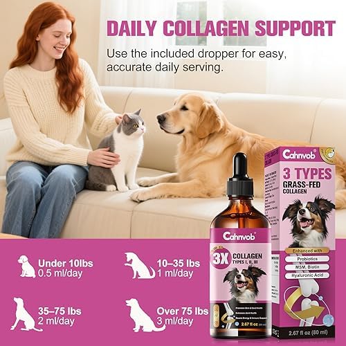 Collagène Liquide Premium pour Chiens et Chats - Hydrolysé d'Élevage au Pâturage - Support Nutritionnel Naturel pour Articulations, Hanches, Peau et Poils