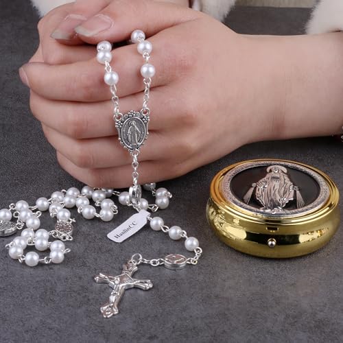 HanlinCC Glass Pearl Beads Catholic Rosary Necklace for Women with Gold Miraculous Gift Box3