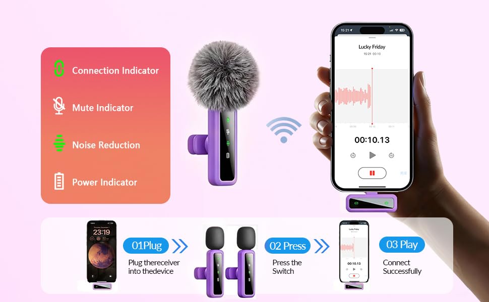 Image of Wireless Lavalier Microphone for iPhone - iPad, Android Phone Computer, Mini Microphone for Live Streaming, Video Recording, Outdoor or Indoor Interviews, YouTube, TikTok, Vlog (Purple)