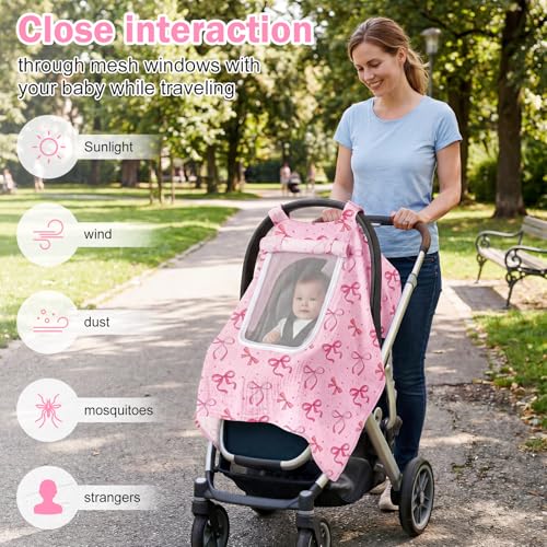 Image of Baby Car Seat Cover with Mesh Window, 100% Cotton Carseat Covers Baby Boy Breathable Infant Car Seat Cover Spring Summer Baby Carseat Cover Lightweight Infant Car Seat Canopy - Pink Bow