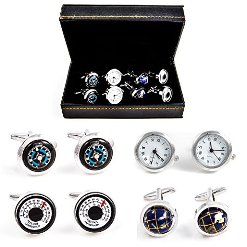 MRCUFF Traveler Working Watch Thermometer & Compass Steampunk Spinning Globe Pilot 4 Pairs Cufflinks in a Presentation Gift Box & Polishing Cloth2