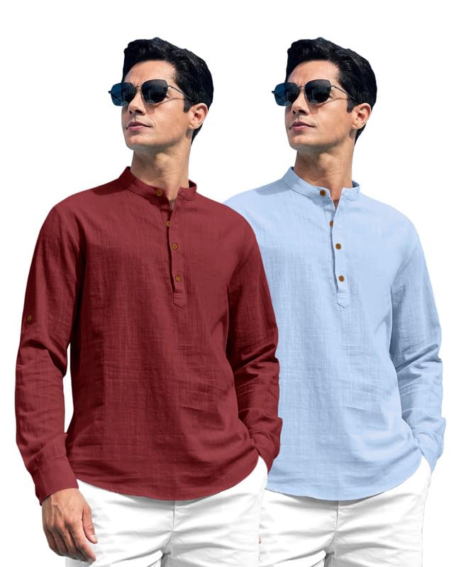 Image of ROYALSCOUT Combo of Men's Solid Cotton Blend Full Sleeve Straight Kurta Shirt (Pack of 2)