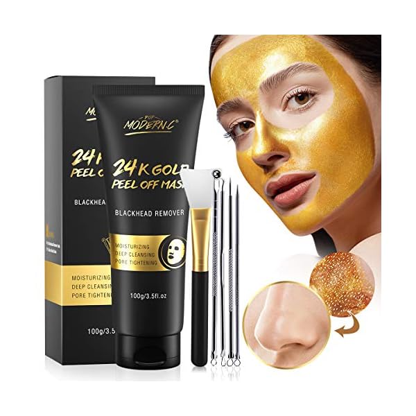 Blackhead Remover Mask, 24K Gold Peel Off Mask, Gold Facial Mask Anti-Aging, Deep Cleansing, Reduces Fine Lines＆ Wrinkles Great for All Skin, With Blackhead Remover Extractor Tools Kit & Mask Brush
