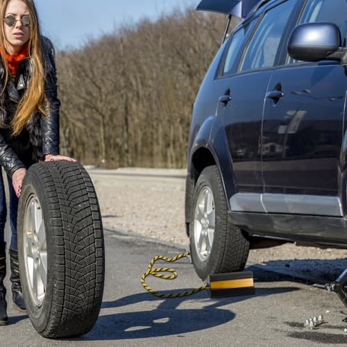 Image of Heavy Duty Wheel Chocks with Shock Absorber for Rv Trailers and Trucks Non Slip Rubber Tire Stoppers with Reflective Tape and Nylon Rope 60.75 Inch Stabilizer Blocks for Travel Trailers