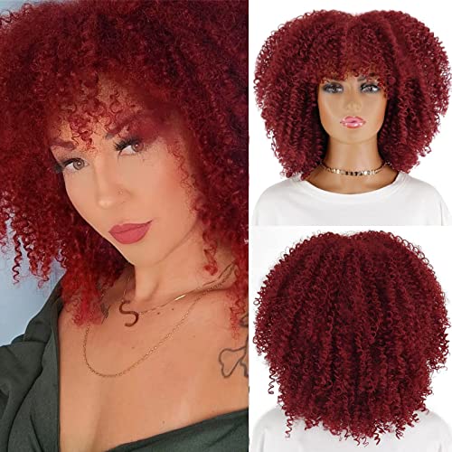 LINGHANG Red Curly Wigs for Black Women, Short Afro Curly Wigs with Bangs Synthetic Fiber Afro Kinky Wigs Short Curly Wine Red Wig For Daily Use(Wine Red)