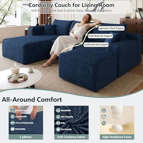 Image of Boneless Cloud Couch Comfy Sectional Couches for Living Room,U Shaped Sofa Couch in a Box with Ottoman Deep Seat Memory Foam Compressed Sofa(Blue, 95 inch Left Facing Chaise)