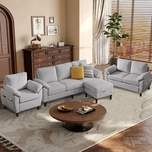 Image of 4 Piece Modern Corduroy Sofa Set, L-Shaped Sectional Couch with Storage Ottoman, Loveseat & Single Arm Chair, Side Storage Pockets, Removable Cushions for Living Room Apartment