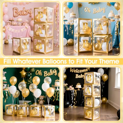 Image of Ledido Baby Boxes with Letters for Baby Shower Decorations with 38 Balloons, 4 pcs Clear Baby Balloon Boxes Blocks for Baby Shower Decor Boy Girl Gender Reveal Decorations Backdrop Party (Gold)