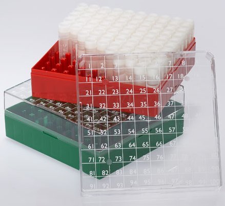 Globe Scientific 3050R Polycarbonate 100 Place BioBox for 1 and 2mL Cryogenic Vials, Red