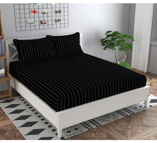 Image of Luxurious Elastic Fitted Glace Cotton King Size (78x72 inches Upto 6 Inches) bedsheet with 2 Pillow Covers - 200TC Black Striped