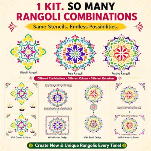 Image of SWAGSTATION Mandala Rangoli Stencils Set Rangoli Stencil Big Size for Floor (Set of 7 Stencil, 6 Rangoli Colors Set, Mandala Decorative Stencils Combo) Mandala Rangoli Making Tools Kit, Multi