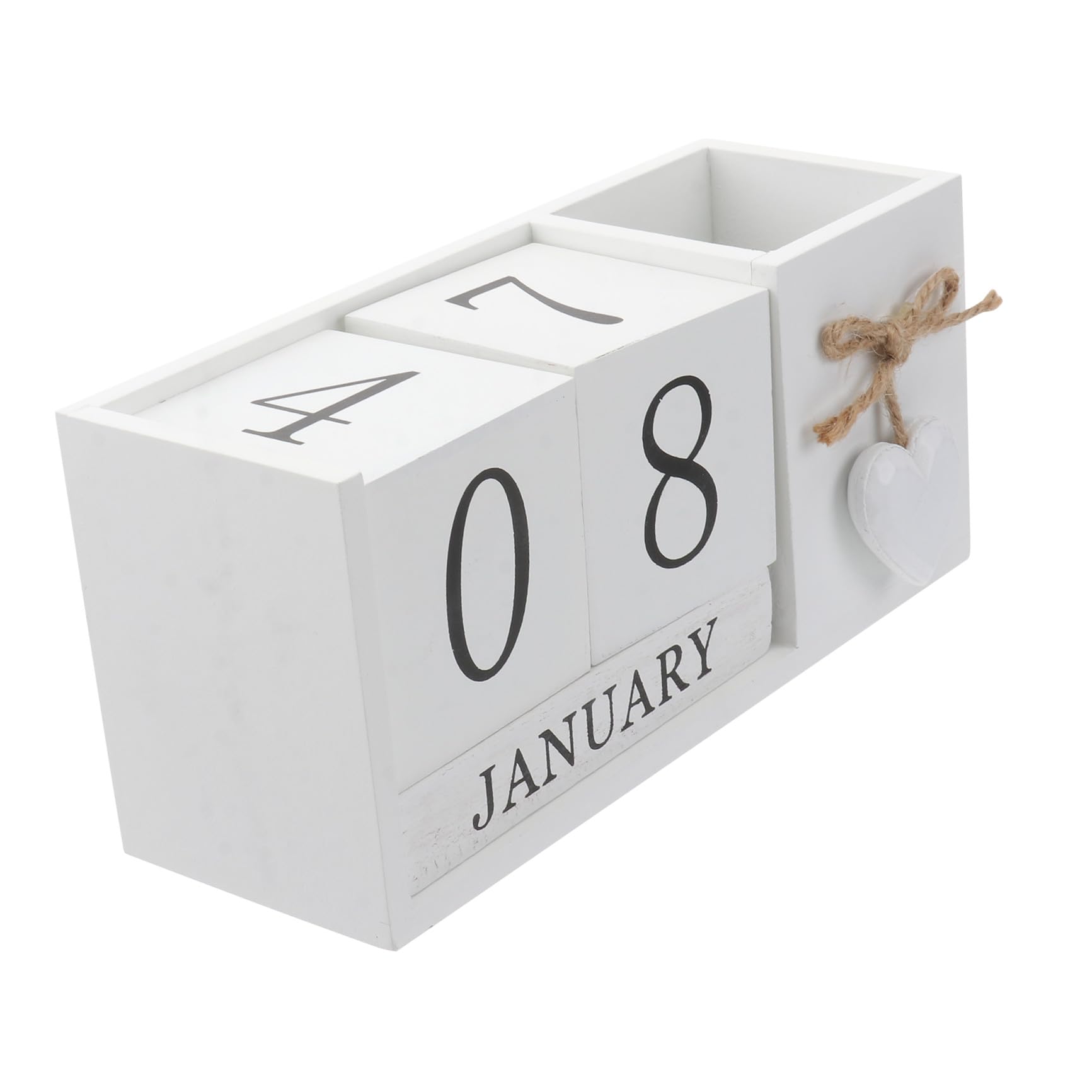 Calendrier de bureau décoratif en bois blanc avec porte-crayons multifonctionnel
