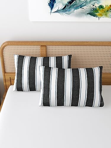 Image of 180 TC Pillow Cover Set of 2 | Pillow Cover Cotton 100% | Pillow Cover Set of 2 King Size | Wrinkle Free & Fade Resistance | Striped Pattern | Standard Size | All Season Use (Black & White)