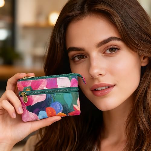 Image of Women Small Zipper Coin Purse, Handmade Fabric Flower Embroidered Change Pouch, Cotton Double Zipper Wallet