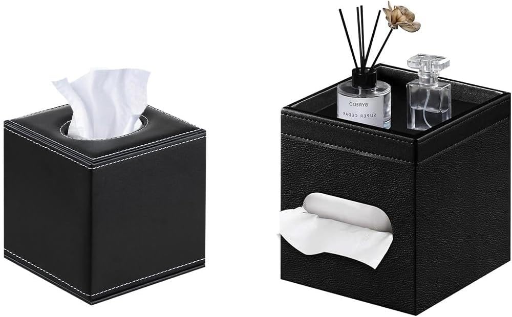 YAPISHI 1 x Tissue Box Holder Leather Square + 1x Tissue Box Cover with Storage Trayer