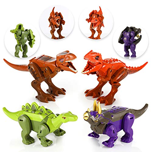 Dinosaur Robot Transforming Toys, 4 Pack Dino Action Figures Tyrannosaurus T-Rex Triceratops and Stegosaurus, Manual Deformation with Moveable Head, Tail, Limbs for Boys, Girls, Kids or Adults