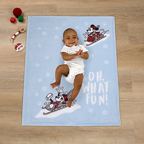 Image of Disney Mickey and Minnie Mouse Blue, White and Red Winter Holiday Oh, What Fun! Snowflakes Photo Op Super Soft Baby Blanket