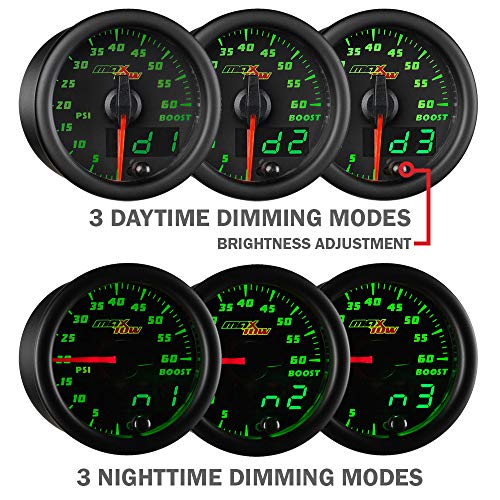 Maxtow Double Vision 30 Psi Turbo Boost / Vacuum Gauge Kit - Includes Electronic Pressure Sensor - Black Gauge Face - Green Led Dial - Analog & Digital Readouts - For Gas Trucks - 2-1/16" 52Mm #TOP3