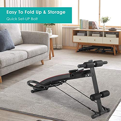 OKVAC Multi-Functional Sit Up Bench, Decline Press Bench, Foldable Slant Bench,W/4 Adjustable Height, Handlebar, Spring, Elastic Rope,for Home Gym Abdominal Fitness Exercises Workout, Max Load 450LBS