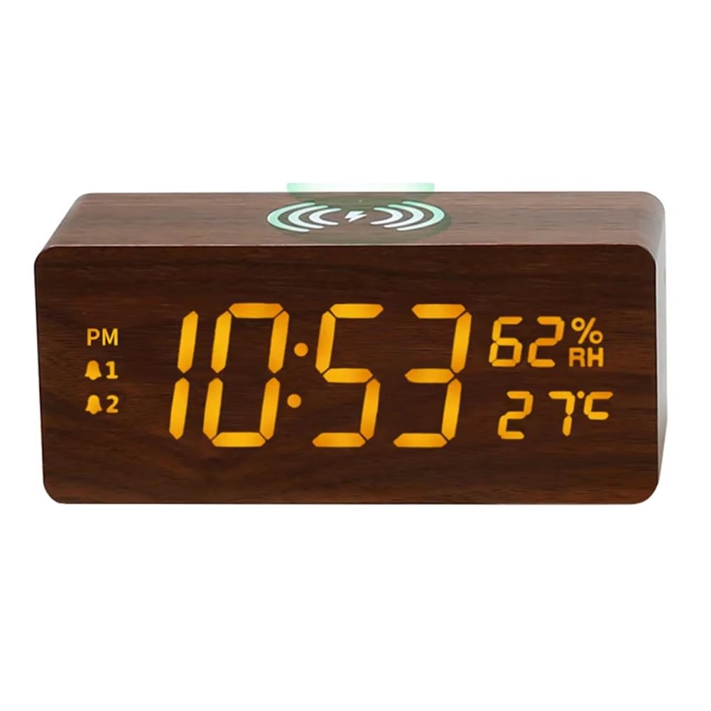 CTRLZS Multifunctional 15W Fast Charging Calendar Clock Wooden Temperature and Humidity Calendar Clock Calendar Clock Student Gifts Brown